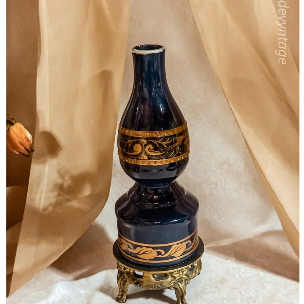 Cobalt Blue and‎ Gold Porcelain Toya Vase on Brass Stand